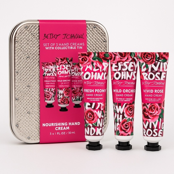 NIB BETSEY JOHNSON Hand Cream Gift Set Trio Peony Orchid Rose Holiday Box 3pc - Picture 1 of 4